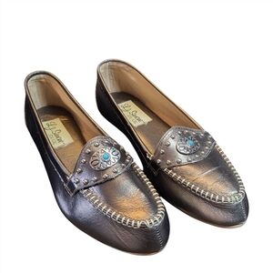 Vintage L.J. Simone Pewter Studded Leather Loafers w/ Turquoise Stone Size 8.5